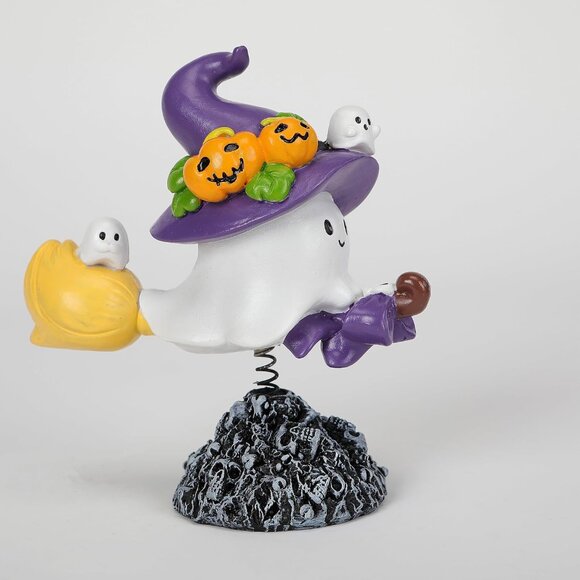 Bobbing Ghost on Broomstick with Witch Hat Swing Ghost Statue Ornament Decor - Picture 1 of 6